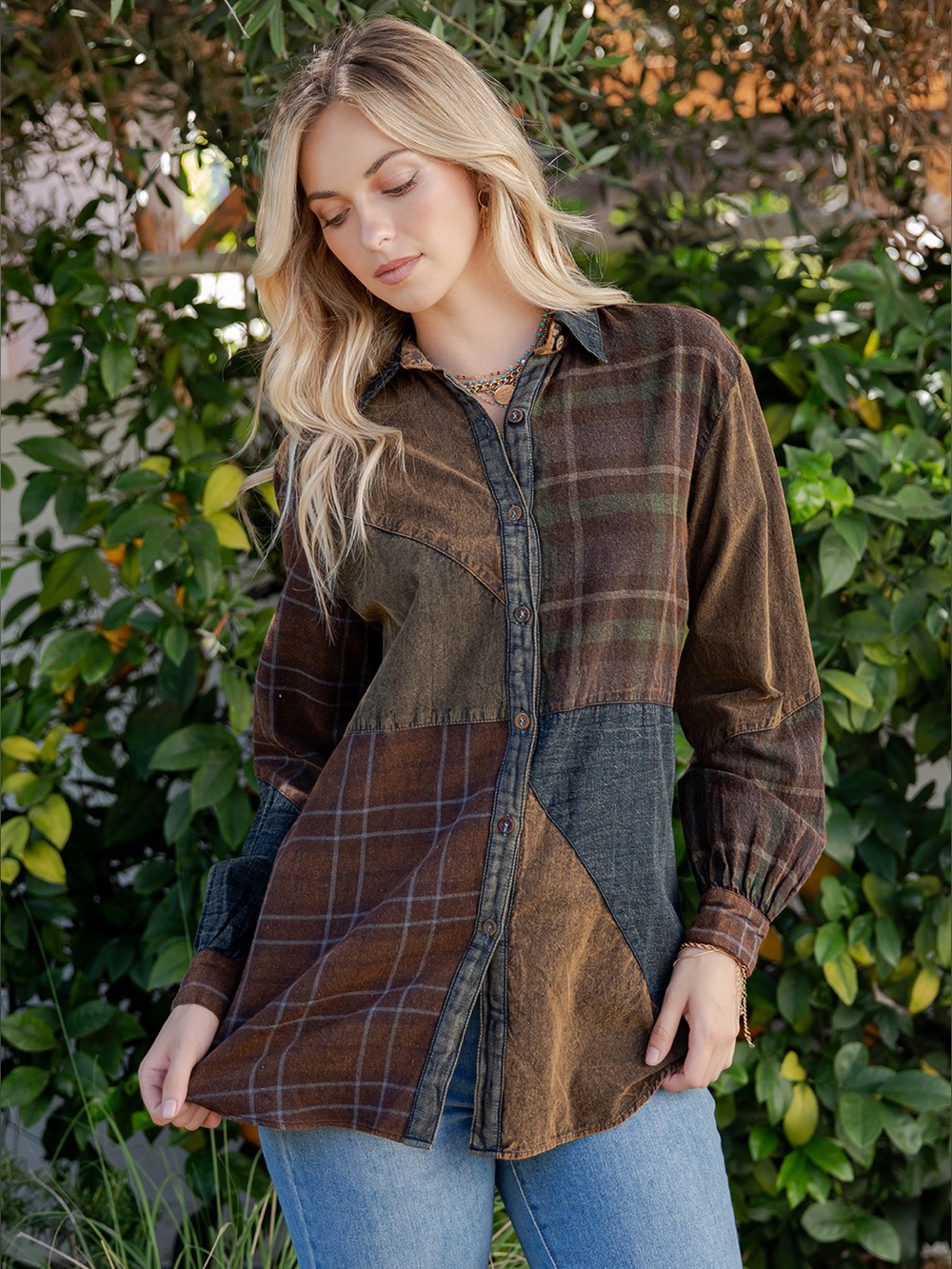 Patchwork Plaid Button-Front Jean Jacket in Brown & Olive